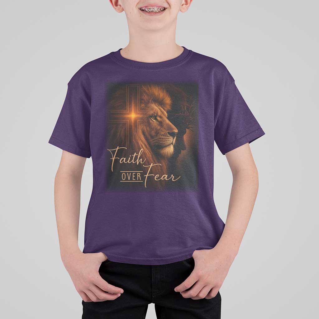 Faith Over Fear T Shirt For Kid Lion Of Judah Jesus Christian Religious - Wonder Print Shop