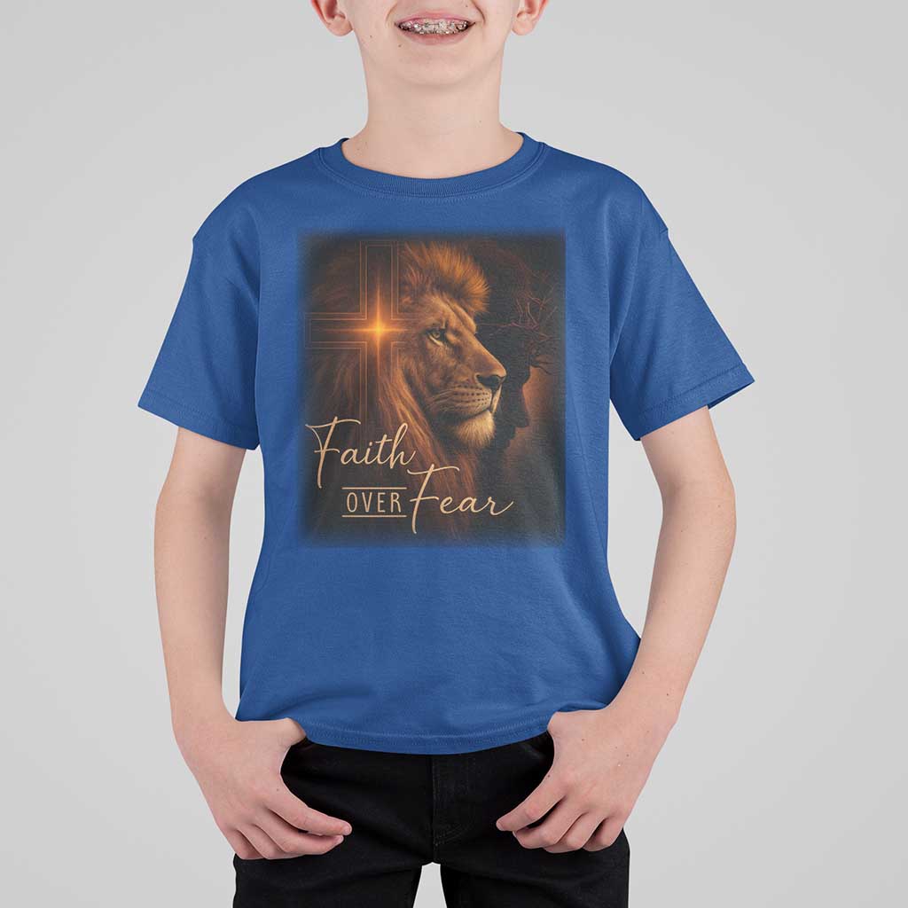 Faith Over Fear T Shirt For Kid Lion Of Judah Jesus Christian Religious - Wonder Print Shop