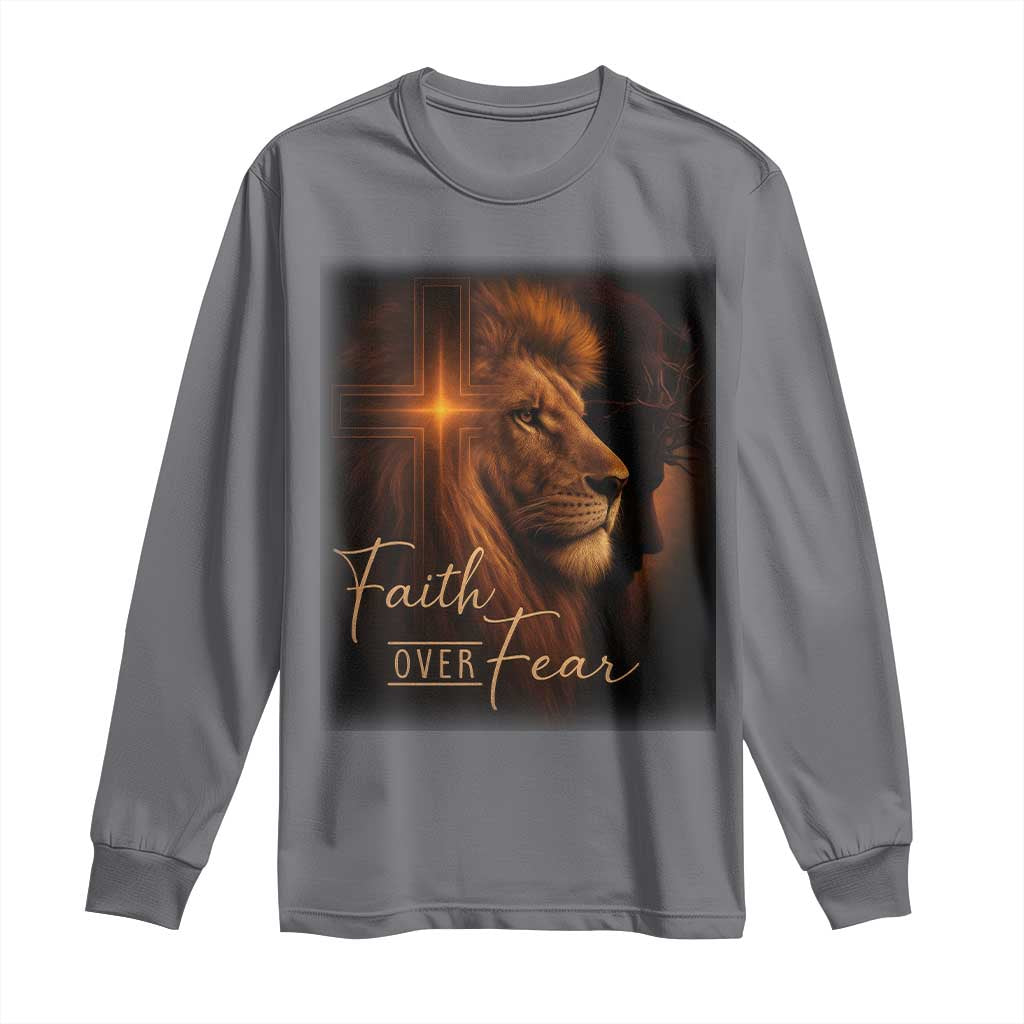 Faith Over Fear Long Sleeve Shirt Lion Of Judah Jesus Christian Religious - Wonder Print Shop