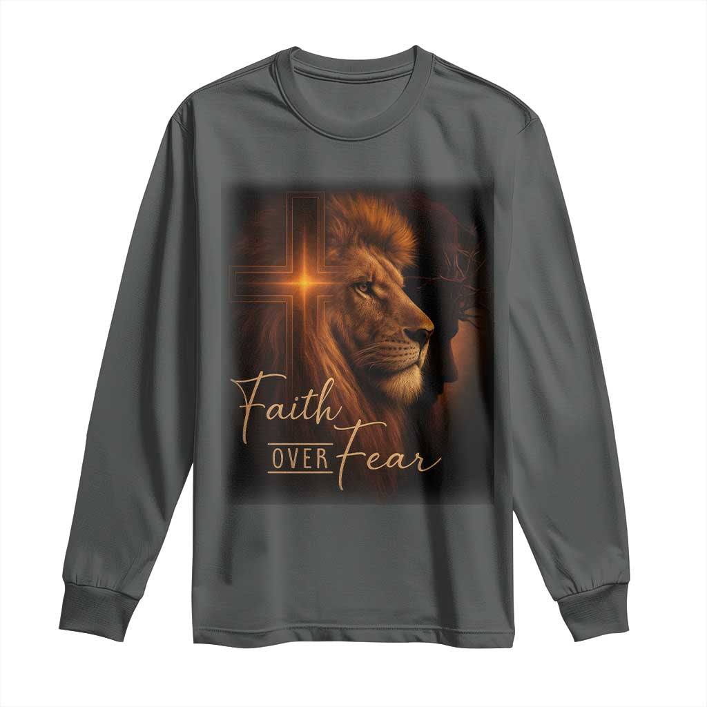 Faith Over Fear Long Sleeve Shirt Lion Of Judah Jesus Christian Religious - Wonder Print Shop