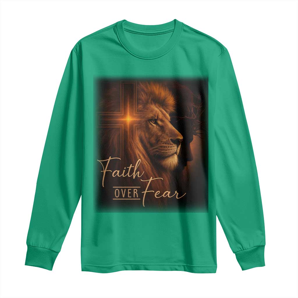Faith Over Fear Long Sleeve Shirt Lion Of Judah Jesus Christian Religious - Wonder Print Shop