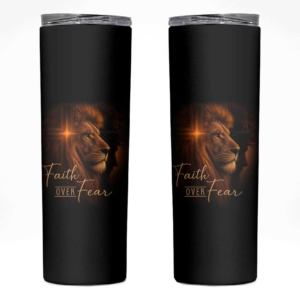 Faith Over Fear Skinny Tumbler Lion Of Judah Jesus Christian Religious - Wonder Print Shop