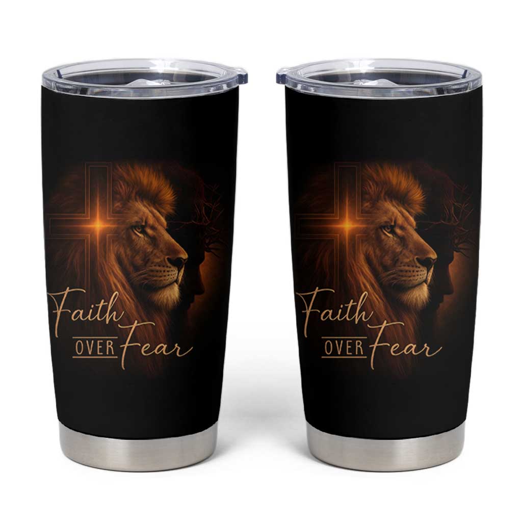 Faith Over Fear Tumbler Cup Lion Of Judah Jesus Christian Religious - Wonder Print Shop