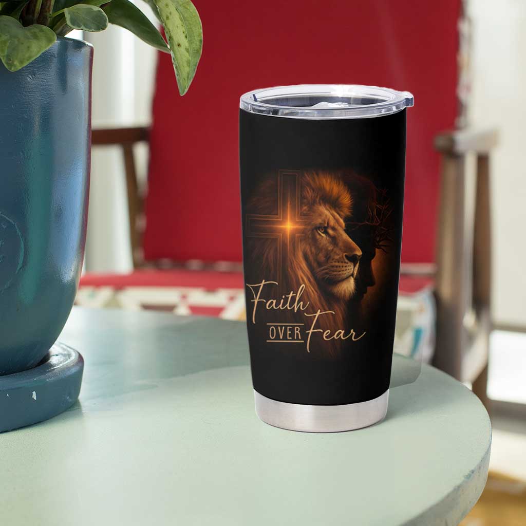 Faith Over Fear Tumbler Cup Lion Of Judah Jesus Christian Religious - Wonder Print Shop