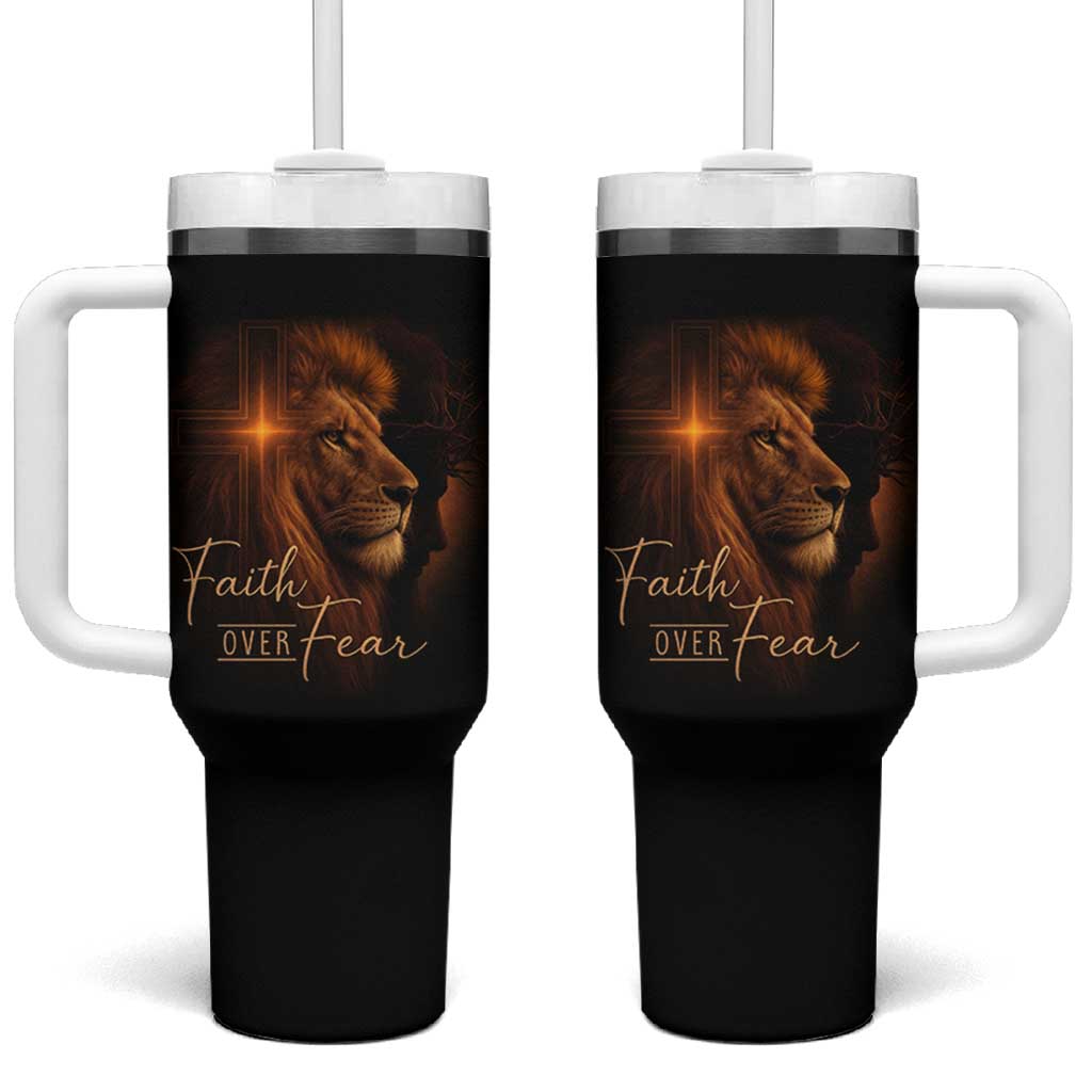 Faith Over Fear Tumbler With Handle Lion Of Judah Jesus Christian Religious - Wonder Print Shop