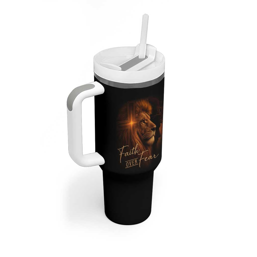 Faith Over Fear Tumbler With Handle Lion Of Judah Jesus Christian Religious - Wonder Print Shop