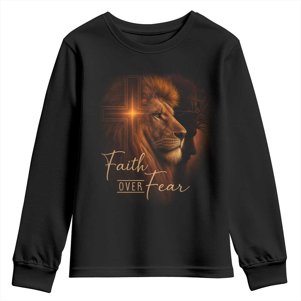 Faith Over Fear Youth Sweatshirt Lion Of Judah Jesus Christian Religious - Wonder Print Shop