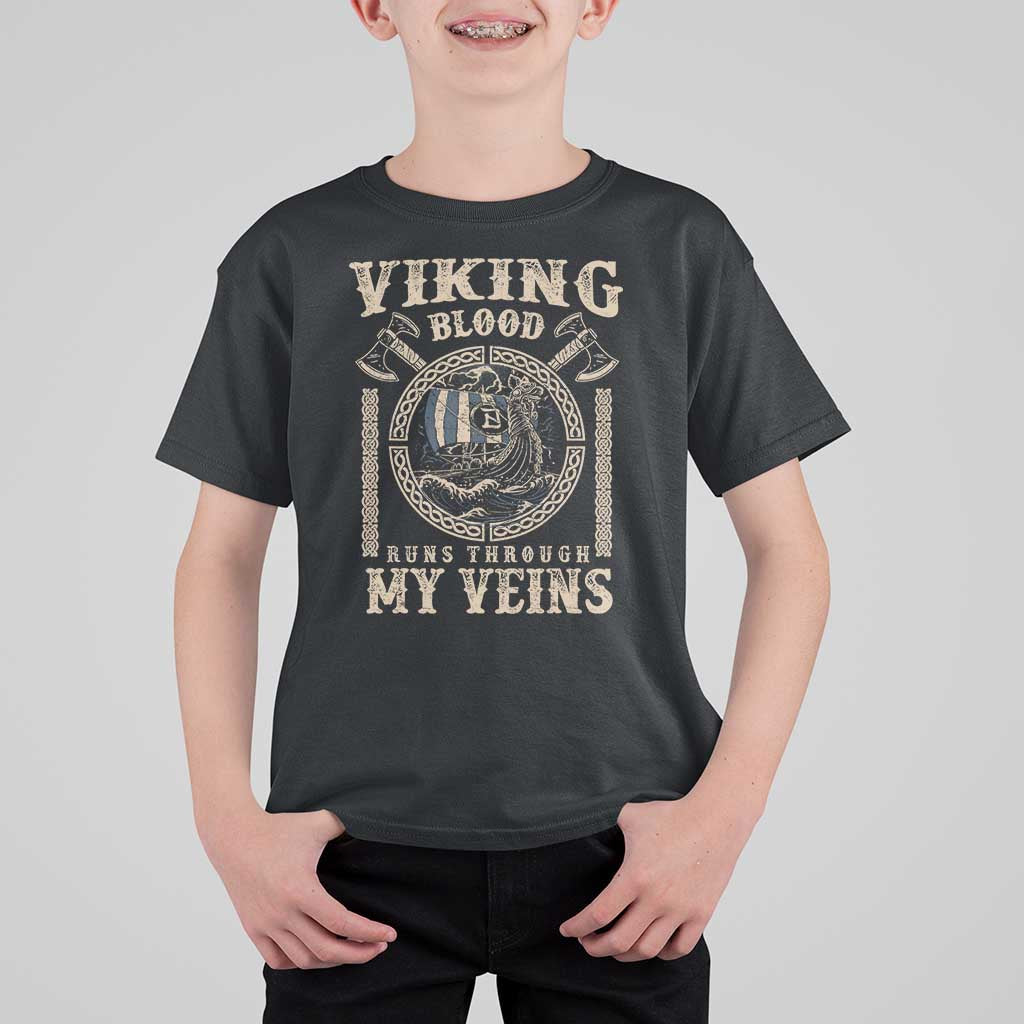 Viking Blood Runs Through My Veins T Shirt For Kid Norse Mythology Drakkar Longship - Wonder Print Shop