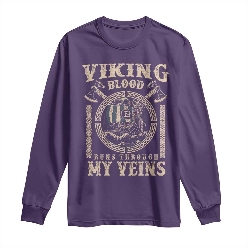 Viking Blood Runs Through My Veins Long Sleeve Shirt Norse Mythology Drakkar Longship - Wonder Print Shop