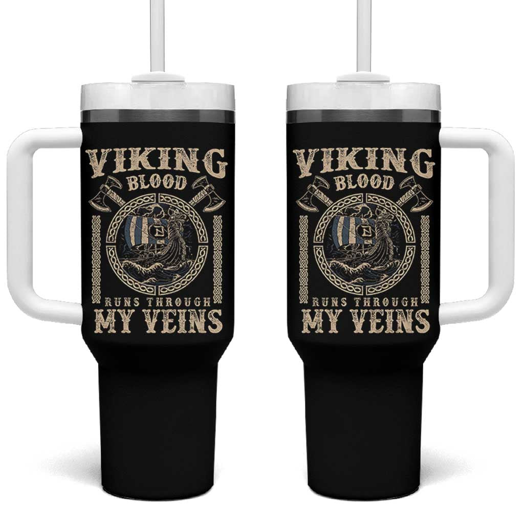 Viking Blood Runs Through My Veins Tumbler With Handle Norse Mythology Drakkar Longship - Wonder Print Shop
