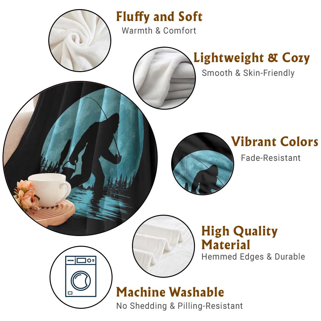 Funny Bigfoot Fishing Night Stroll Full Moon Throw Blanket - Wonder Print Shop