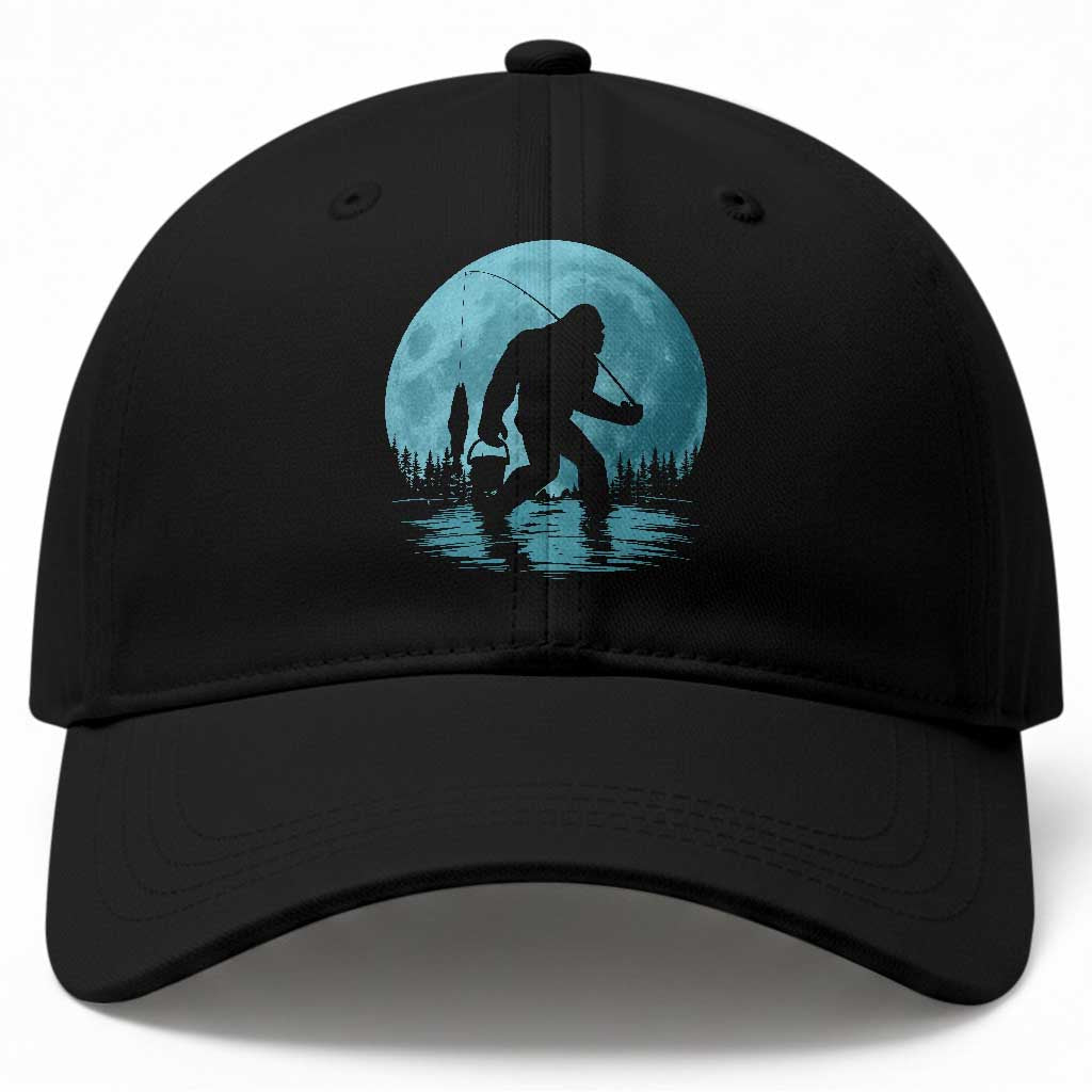 Funny Bigfoot Fishing Night Stroll Full Moon Baseball Cap