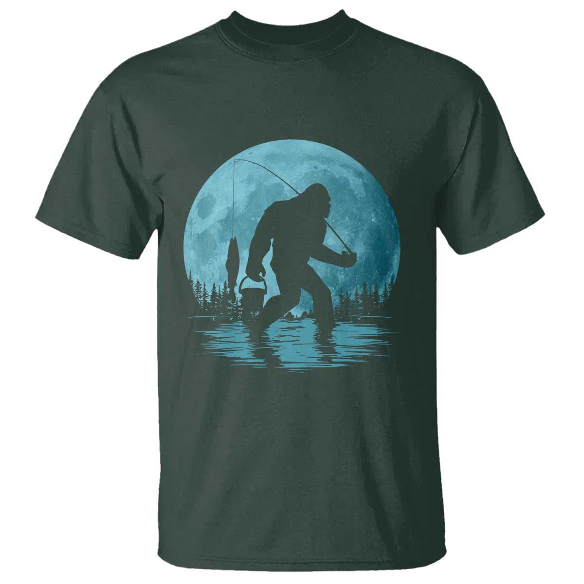 Funny Bigfoot Fishing Night Stroll Full Moon T Shirt - Wonder Print Shop
