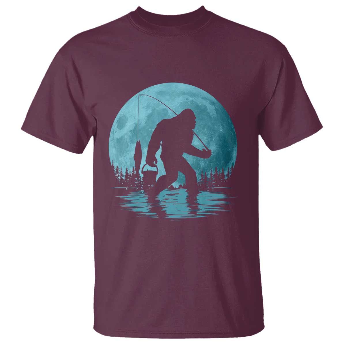 Funny Bigfoot Fishing Night Stroll Full Moon T Shirt - Wonder Print Shop