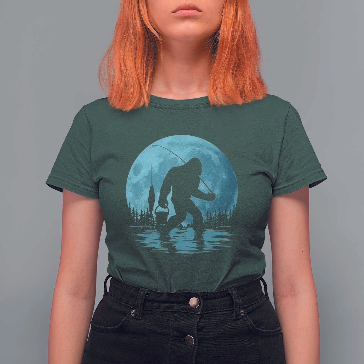 Funny Bigfoot Fishing Night Stroll Full Moon T Shirt For Women - Wonder Print Shop
