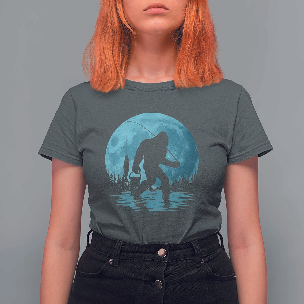 Funny Bigfoot Fishing Night Stroll Full Moon T Shirt For Women - Wonder Print Shop