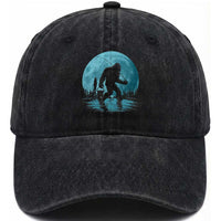 Funny Bigfoot Fishing Night Stroll Full Moon Washed Cotton Baseball Cap