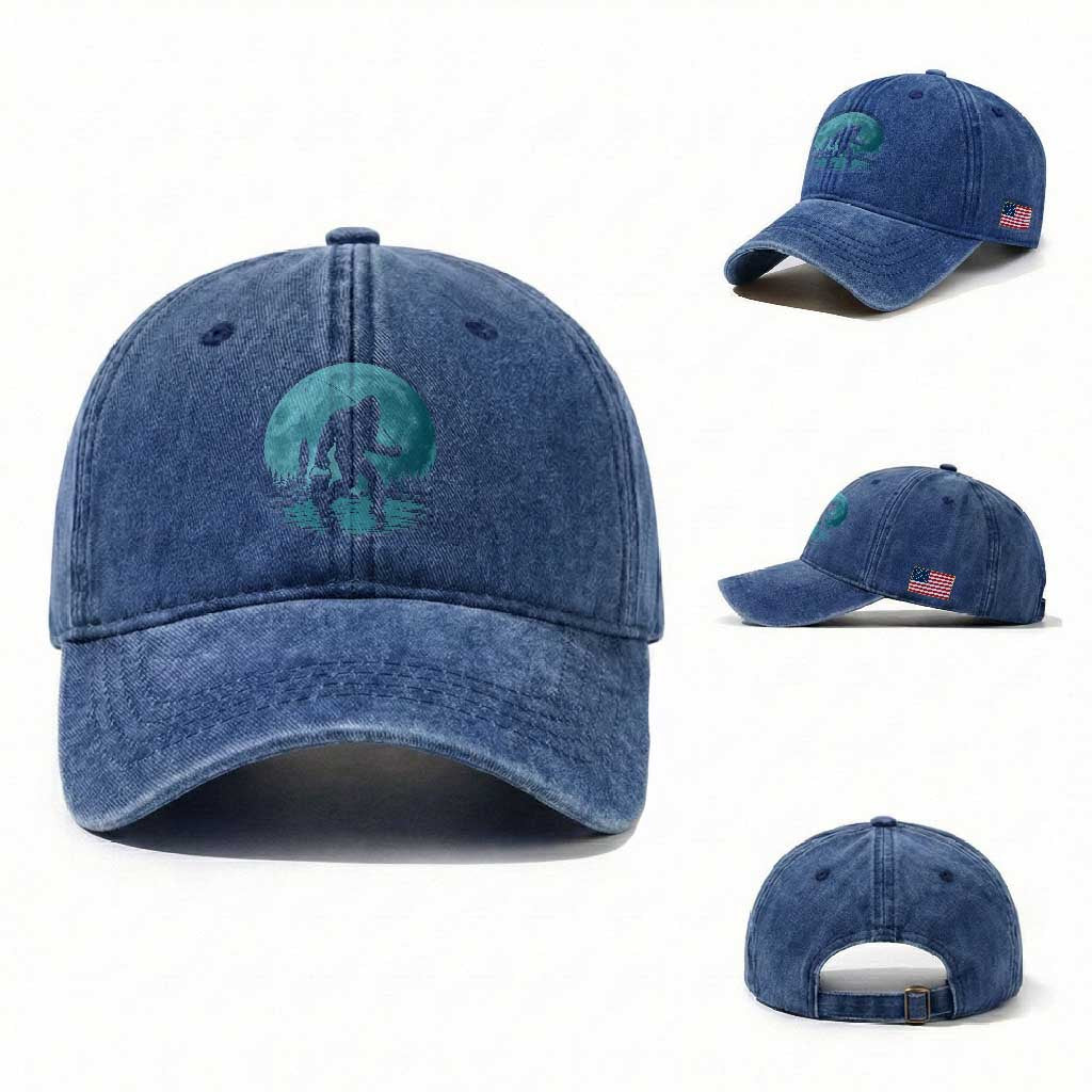 Funny Bigfoot Fishing Night Stroll Full Moon Washed Cotton Baseball Cap