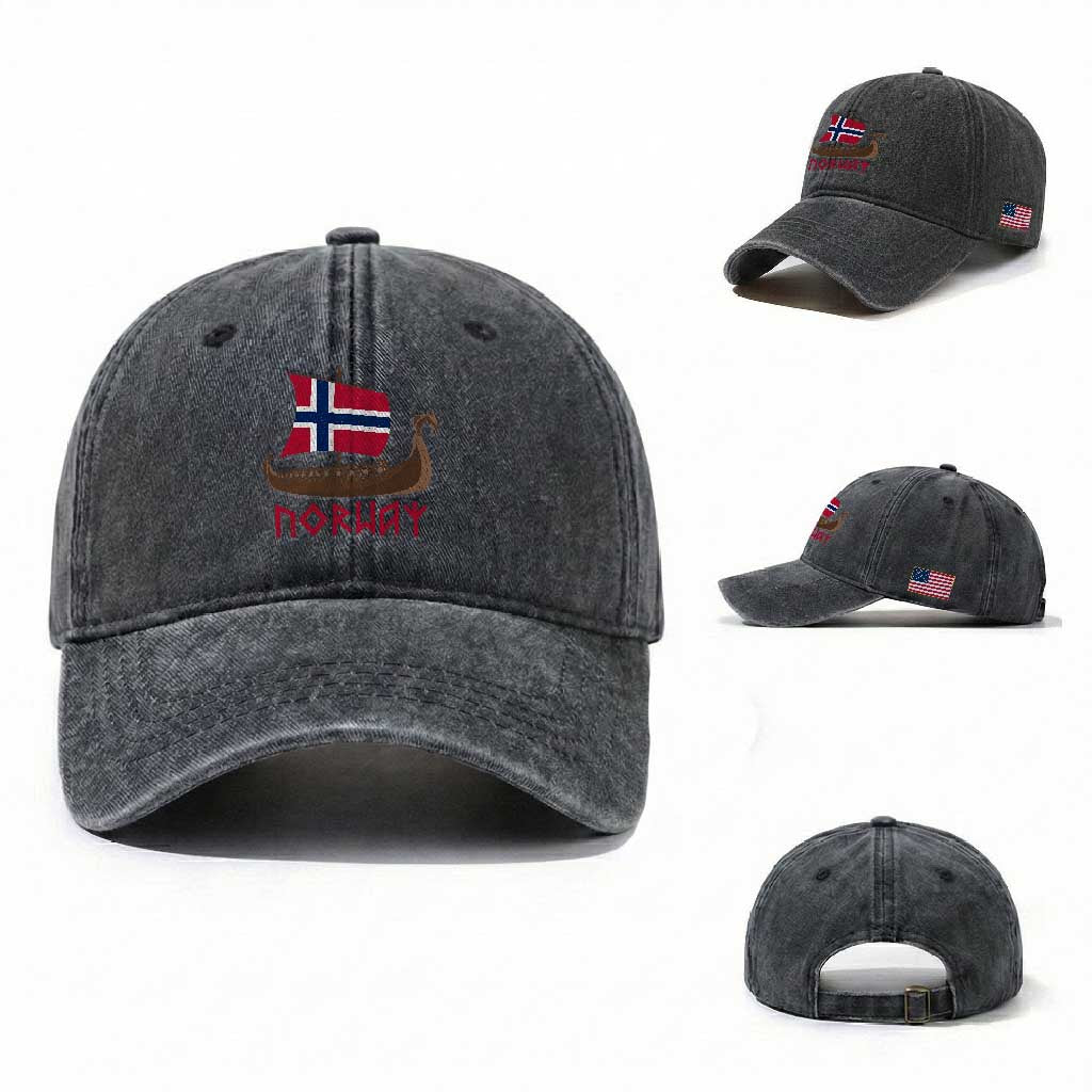 Boat Norwegian Flag Norway Viking Ship Norway Washed Cotton Baseball Cap