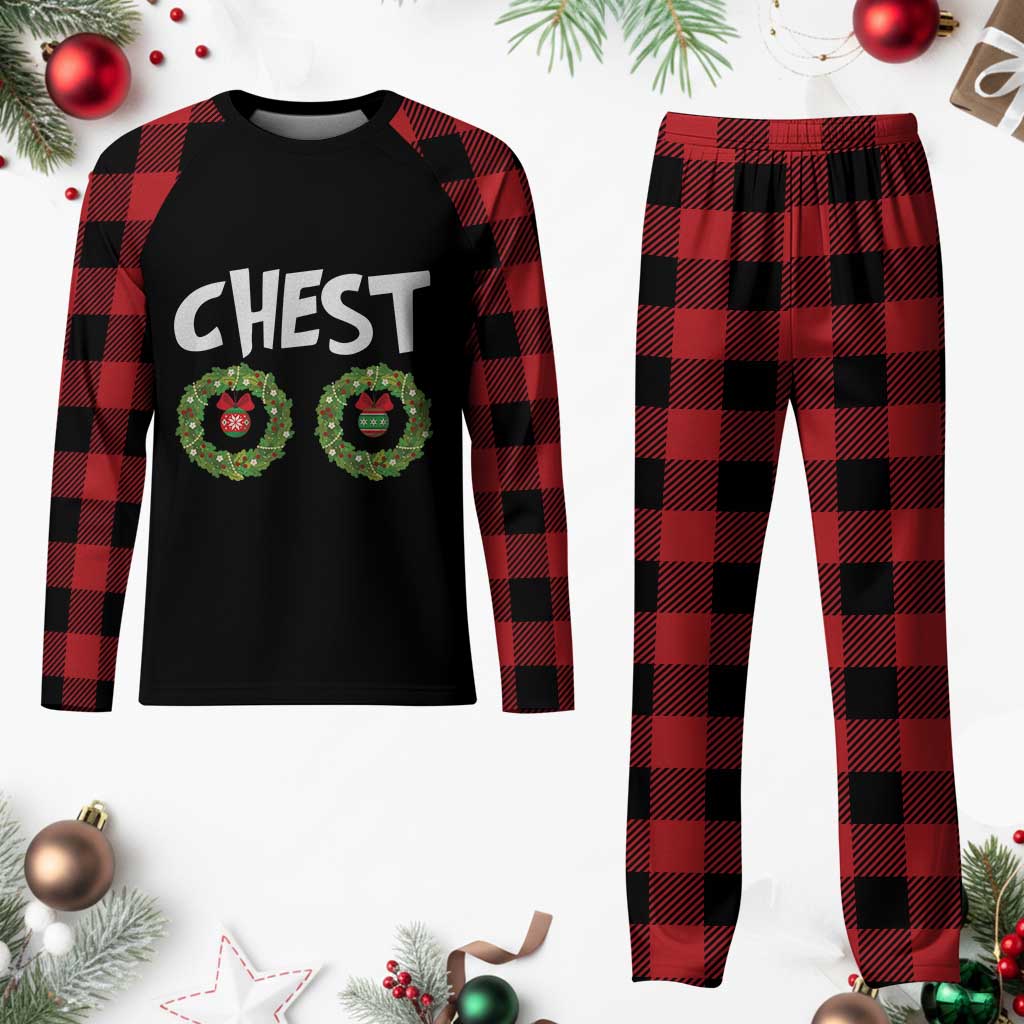 Funny Xmas Couple Plaid Pajama Set Chest Nuts Bauble Xmas Wreath - Wonder Print Shop