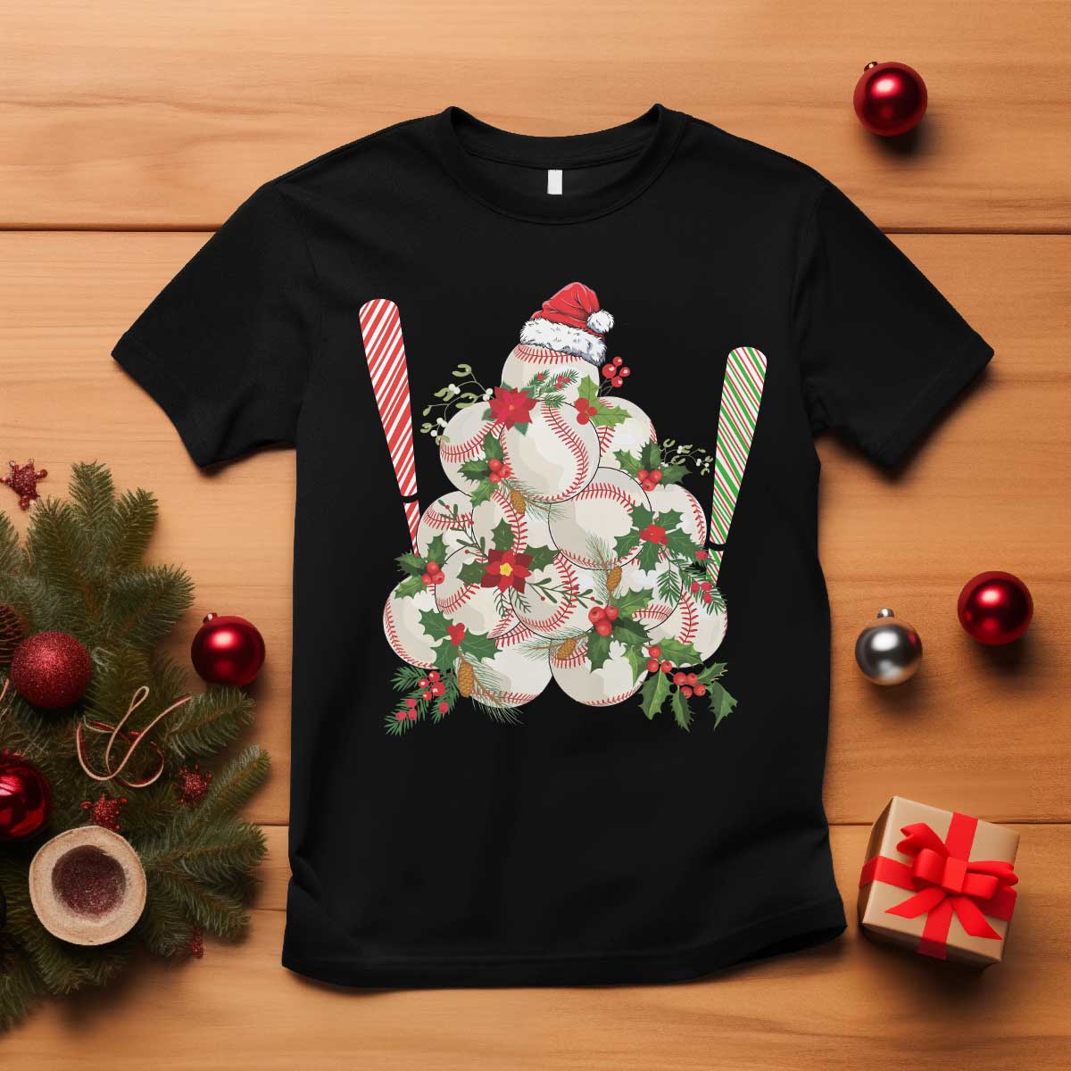 Funny Christmas Baseball T Shirt Santa Sports Balls Snow Xmas Tree - Wonder Print Shop