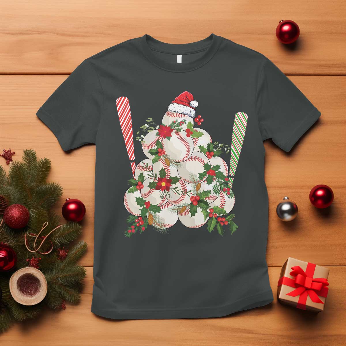 Funny Christmas Baseball T Shirt Santa Sports Balls Snow Xmas Tree - Wonder Print Shop