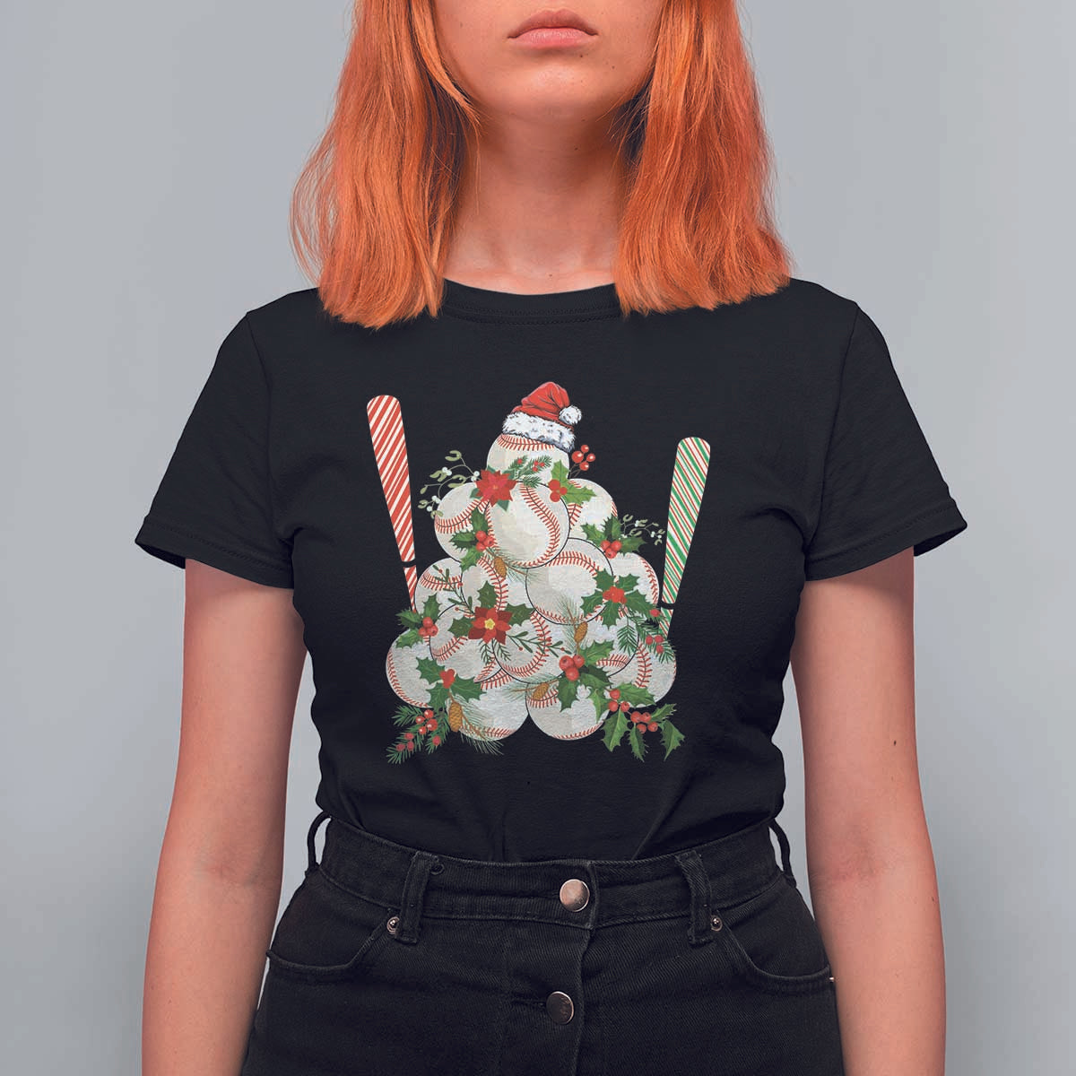 Funny Christmas Baseball T Shirt For Women Santa Sports Balls Snow Xmas Tree - Wonder Print Shop