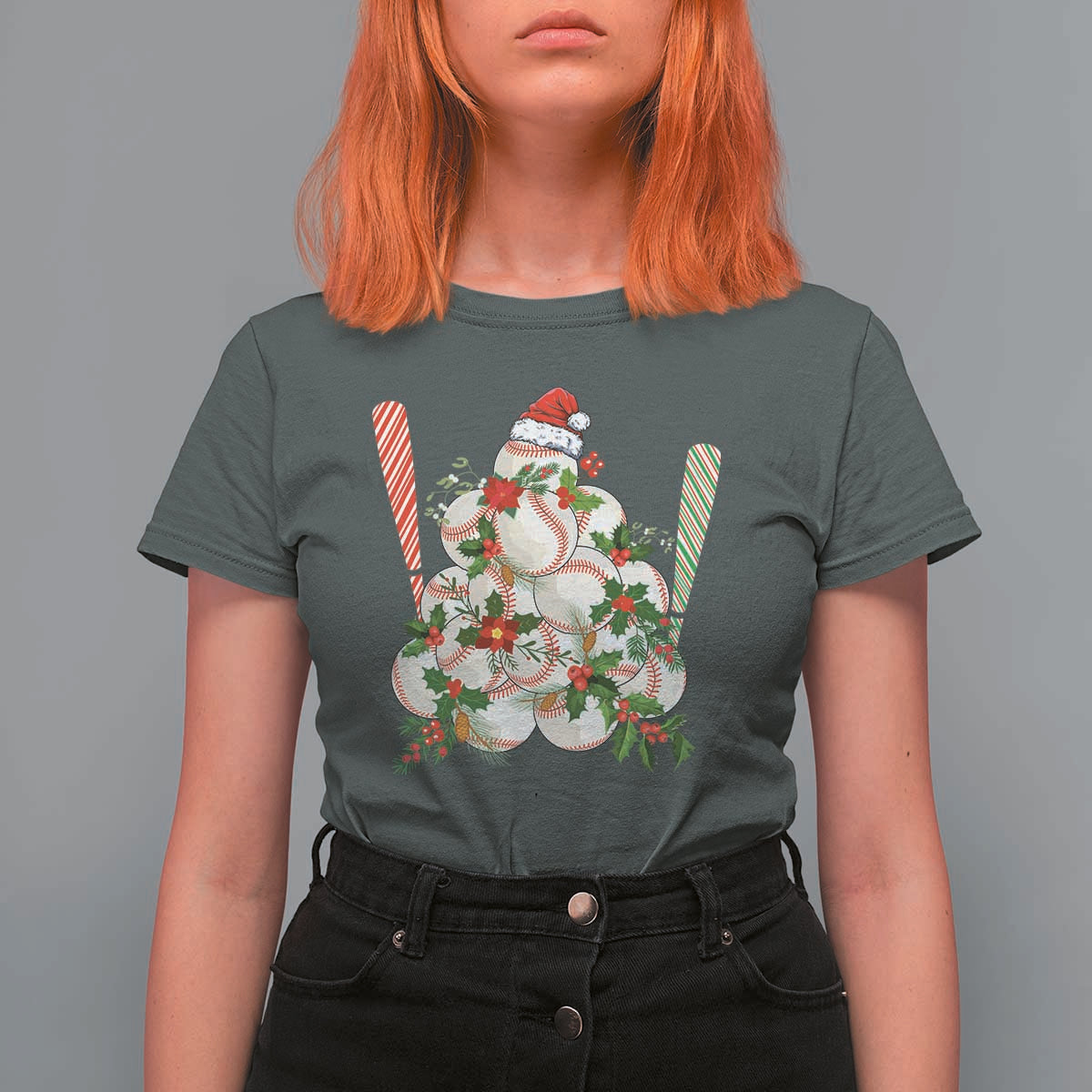 Funny Christmas Baseball T Shirt For Women Santa Sports Balls Snow Xmas Tree - Wonder Print Shop
