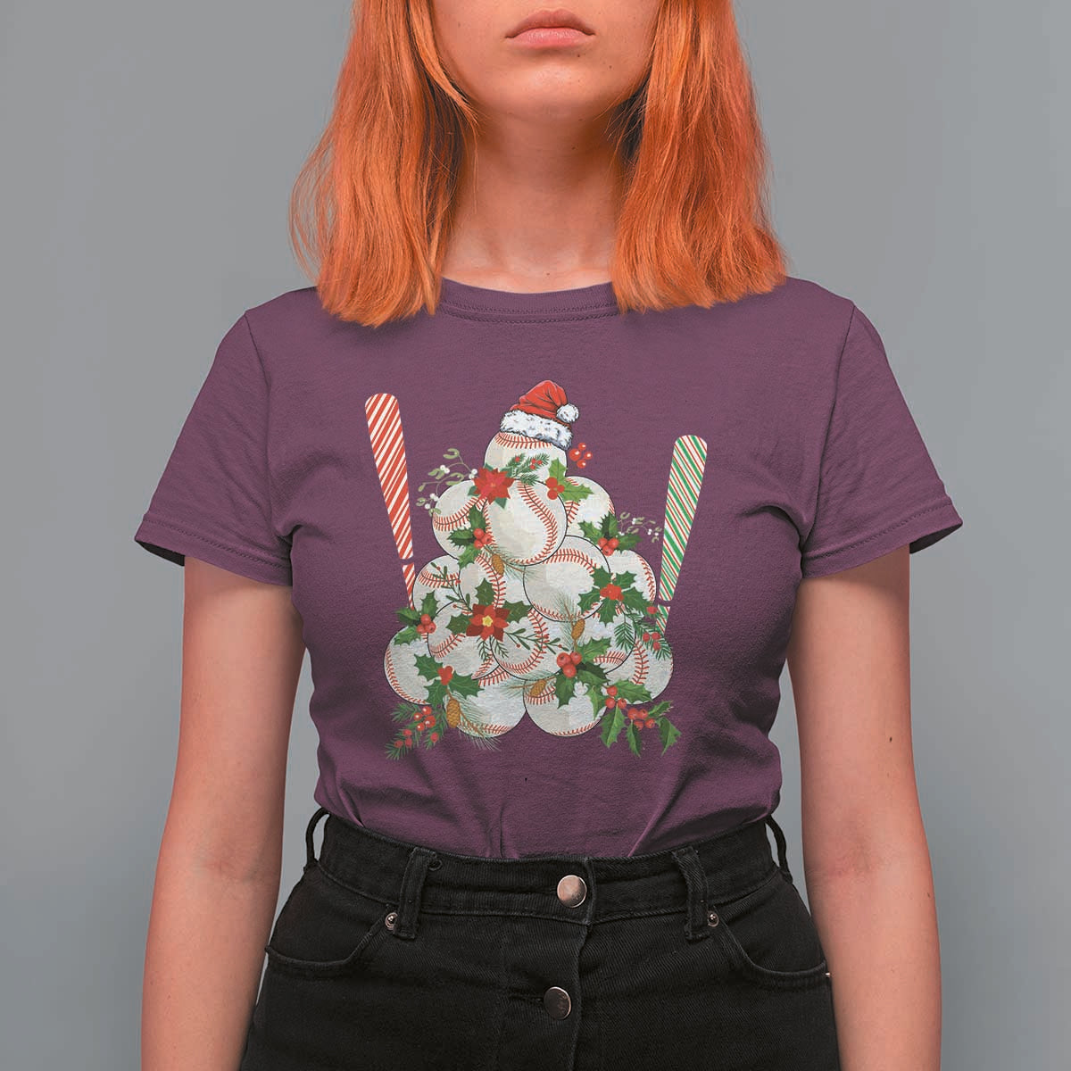 Funny Christmas Baseball T Shirt For Women Santa Sports Balls Snow Xmas Tree - Wonder Print Shop