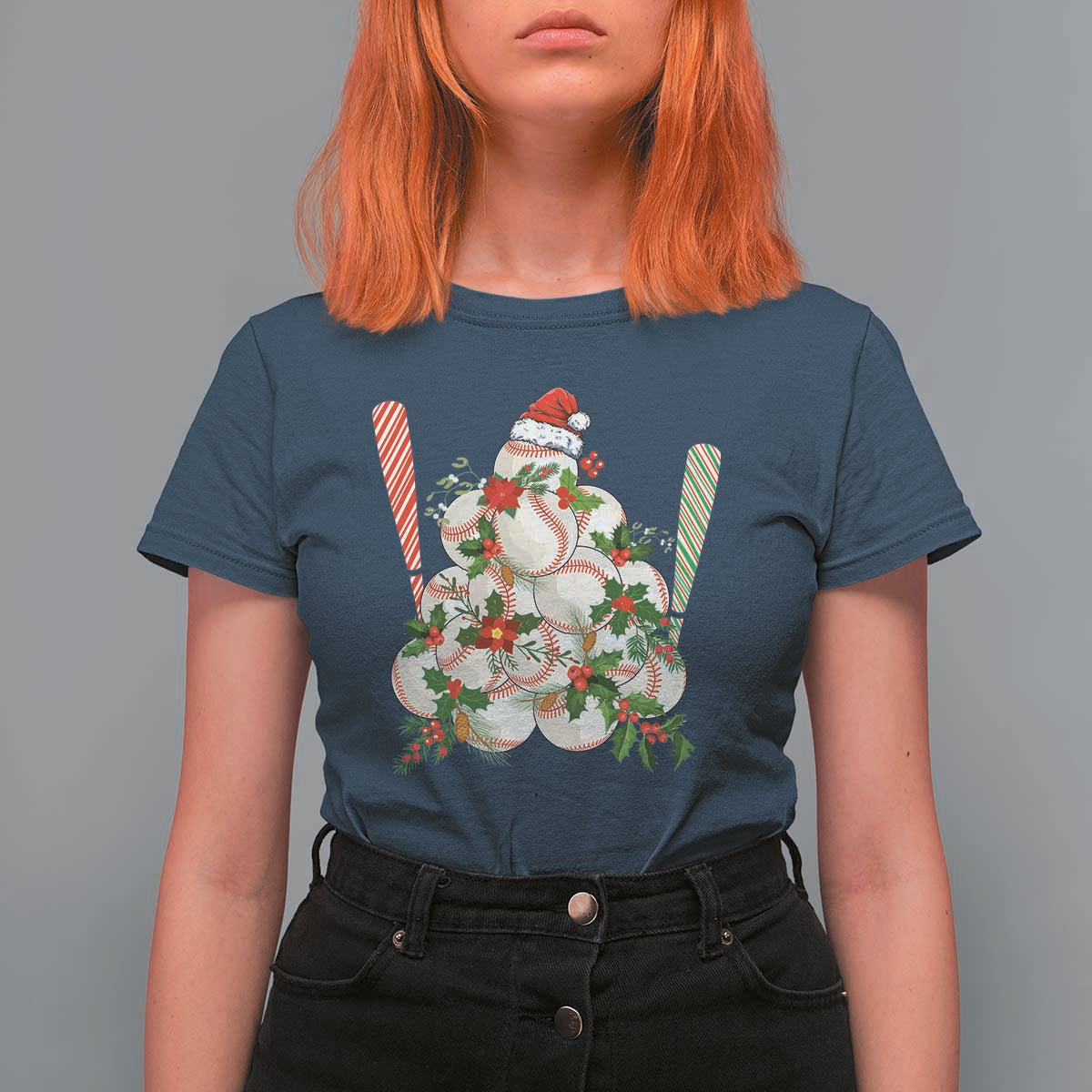 Funny Christmas Baseball T Shirt For Women Santa Sports Balls Snow Xmas Tree - Wonder Print Shop
