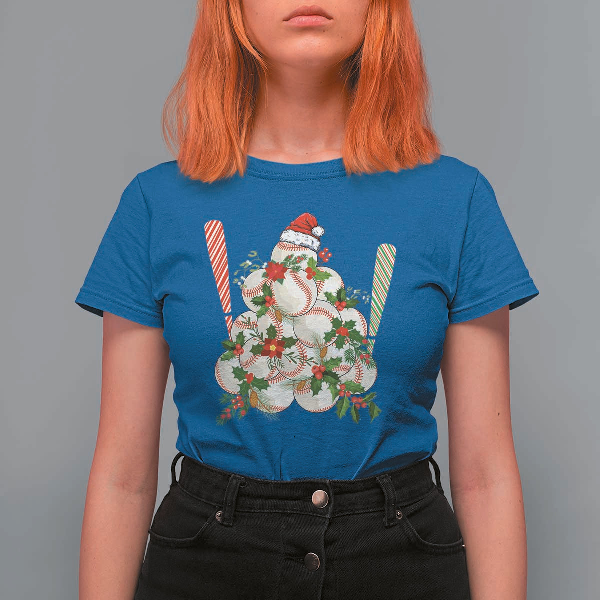 Funny Christmas Baseball T Shirt For Women Santa Sports Balls Snow Xmas Tree - Wonder Print Shop