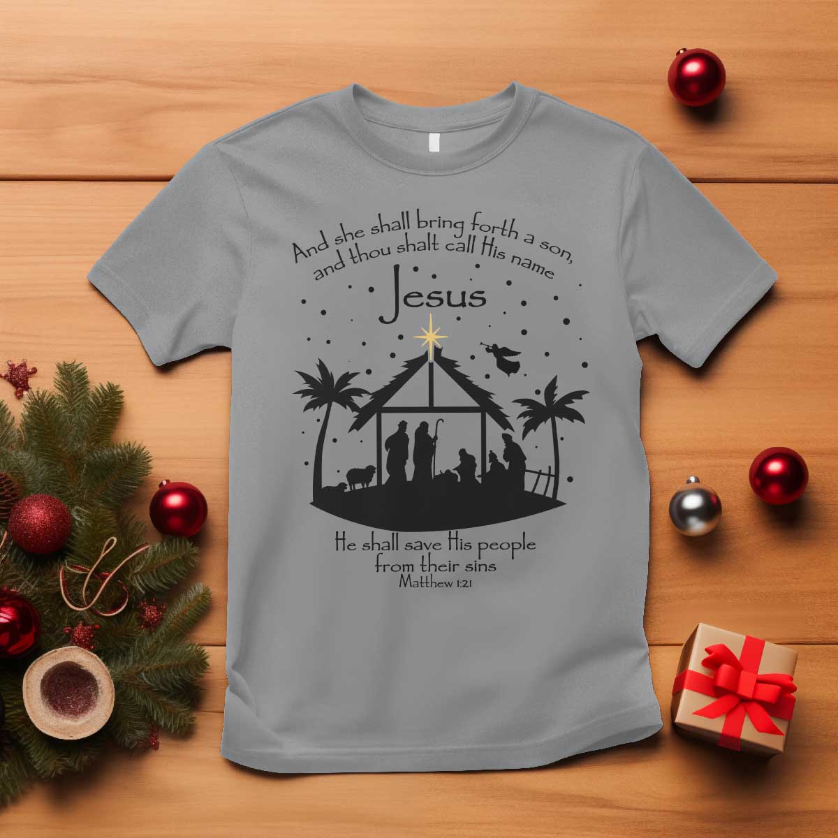 Christian Christmas T Shirt And She Shall Bring Forth A Son And Thou Shalt Call His Name Jesus - Wonder Print Shop