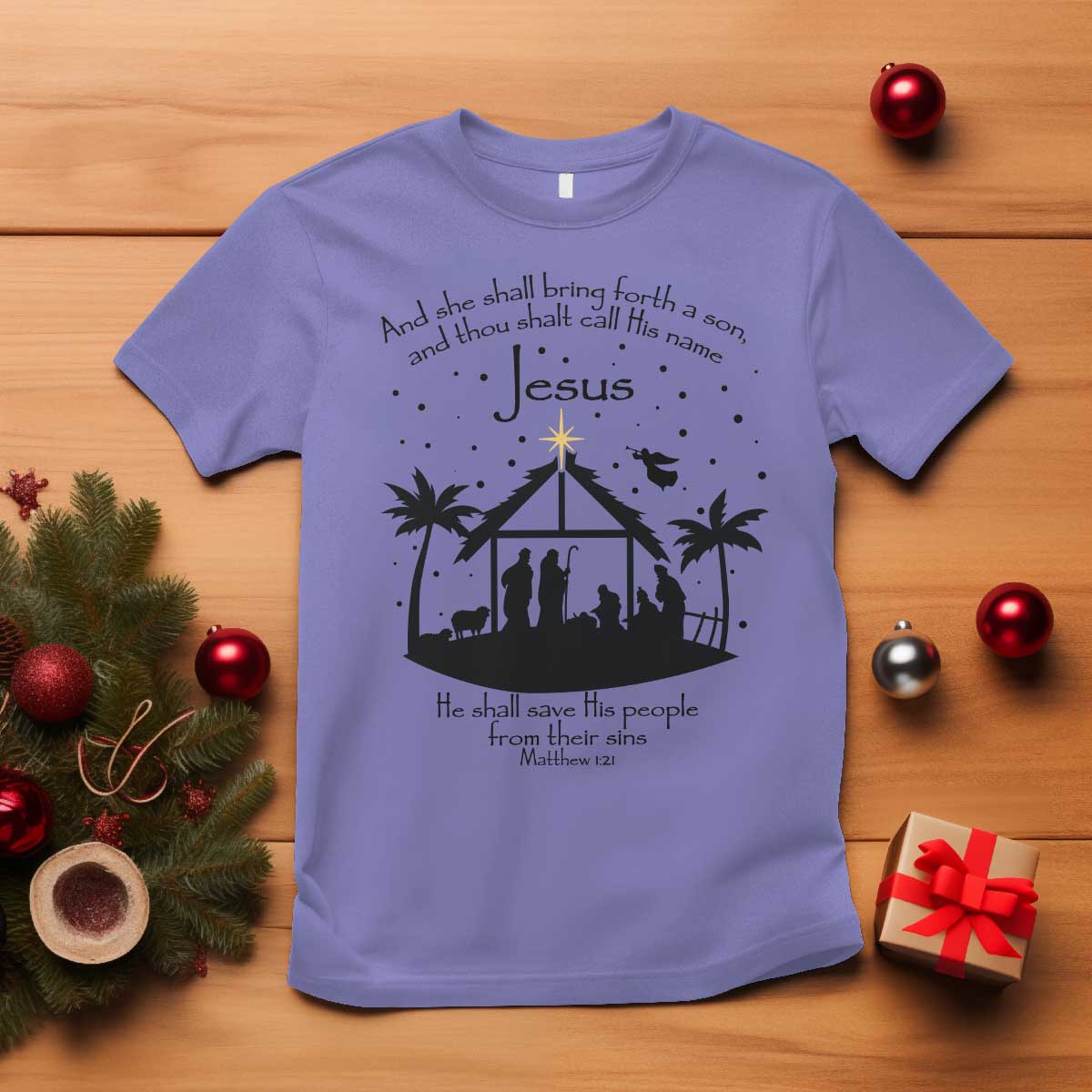 Christian Christmas T Shirt And She Shall Bring Forth A Son And Thou Shalt Call His Name Jesus - Wonder Print Shop