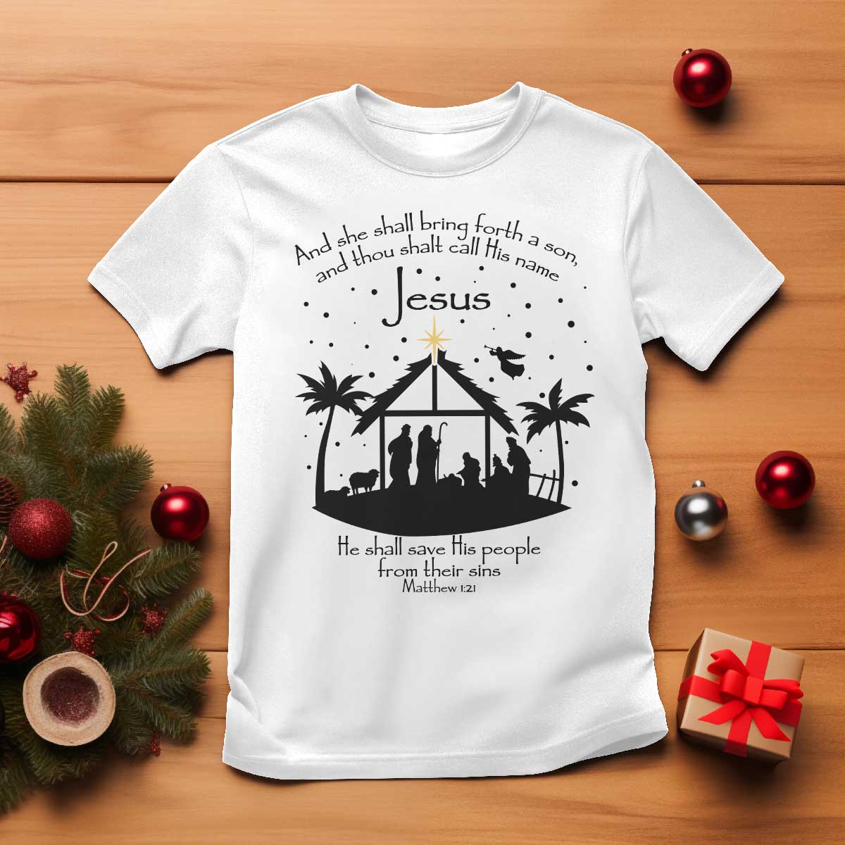 Christian Christmas T Shirt And She Shall Bring Forth A Son And Thou Shalt Call His Name Jesus - Wonder Print Shop