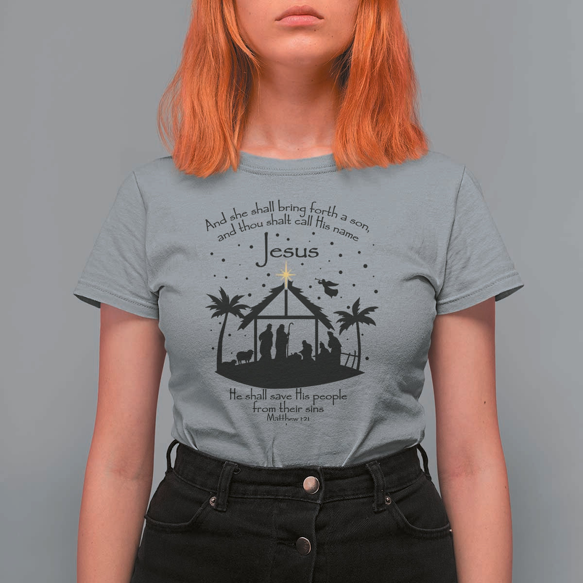 Christian Christmas T Shirt For Women And She Shall Bring Forth A Son And Thou Shalt Call His Name Jesus - Wonder Print Shop