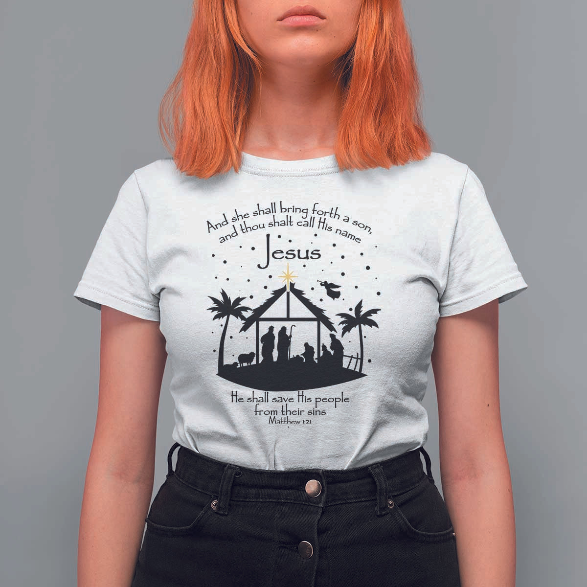 Christian Christmas T Shirt For Women And She Shall Bring Forth A Son And Thou Shalt Call His Name Jesus - Wonder Print Shop