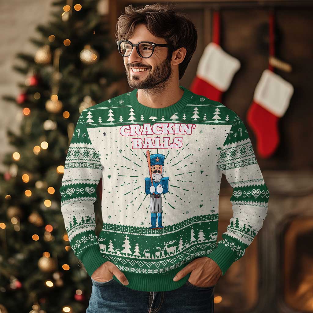 Funny Nutcracker Baseball Ugly Christmas Sweater Crackin' Balls Baseball Players - Wonder Print Shop