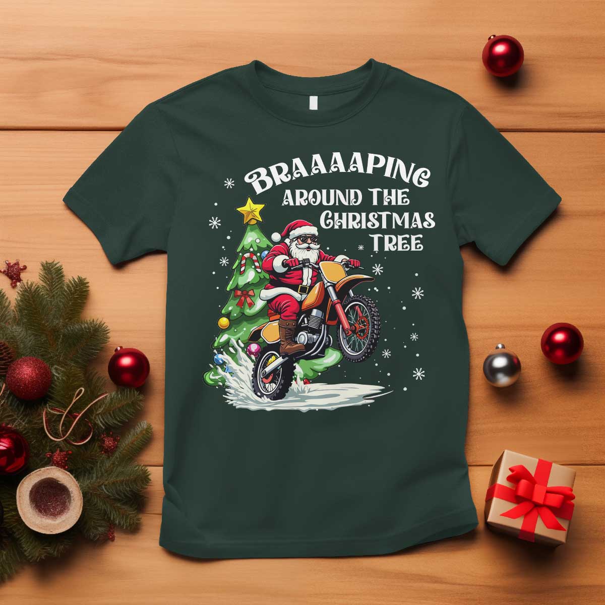 Funny Christmas Biker T Shirt Braaaaping Around The Christmas Tree Dirt Bike Santa - Wonder Print Shop