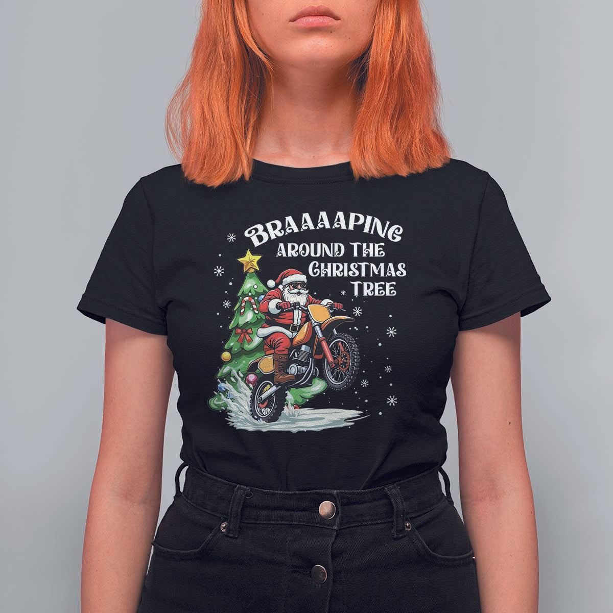 Funny Christmas Biker T Shirt For Women Braaaaping Around The Christmas Tree Dirt Bike Santa - Wonder Print Shop