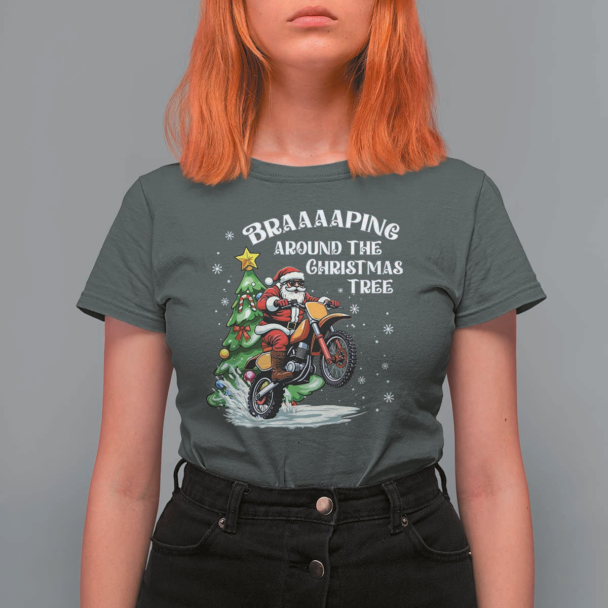 Funny Christmas Biker T Shirt For Women Braaaaping Around The Christmas Tree Dirt Bike Santa - Wonder Print Shop