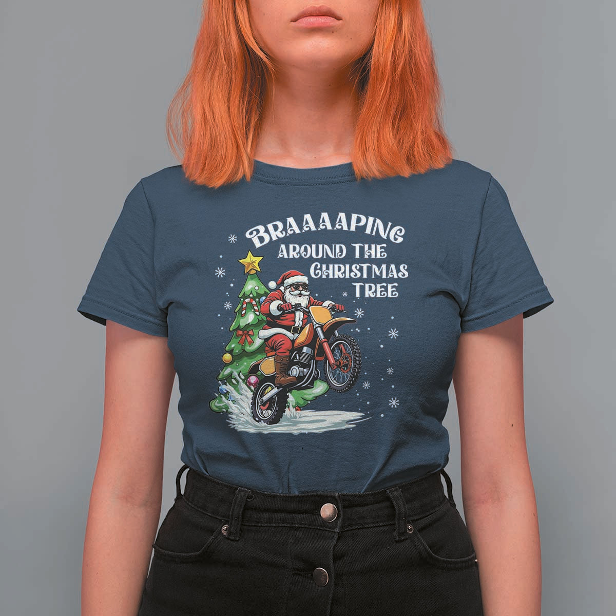 Funny Christmas Biker T Shirt For Women Braaaaping Around The Christmas Tree Dirt Bike Santa - Wonder Print Shop