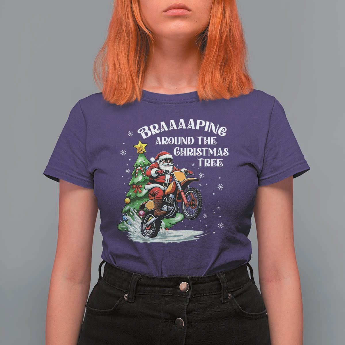 Funny Christmas Biker T Shirt For Women Braaaaping Around The Christmas Tree Dirt Bike Santa - Wonder Print Shop
