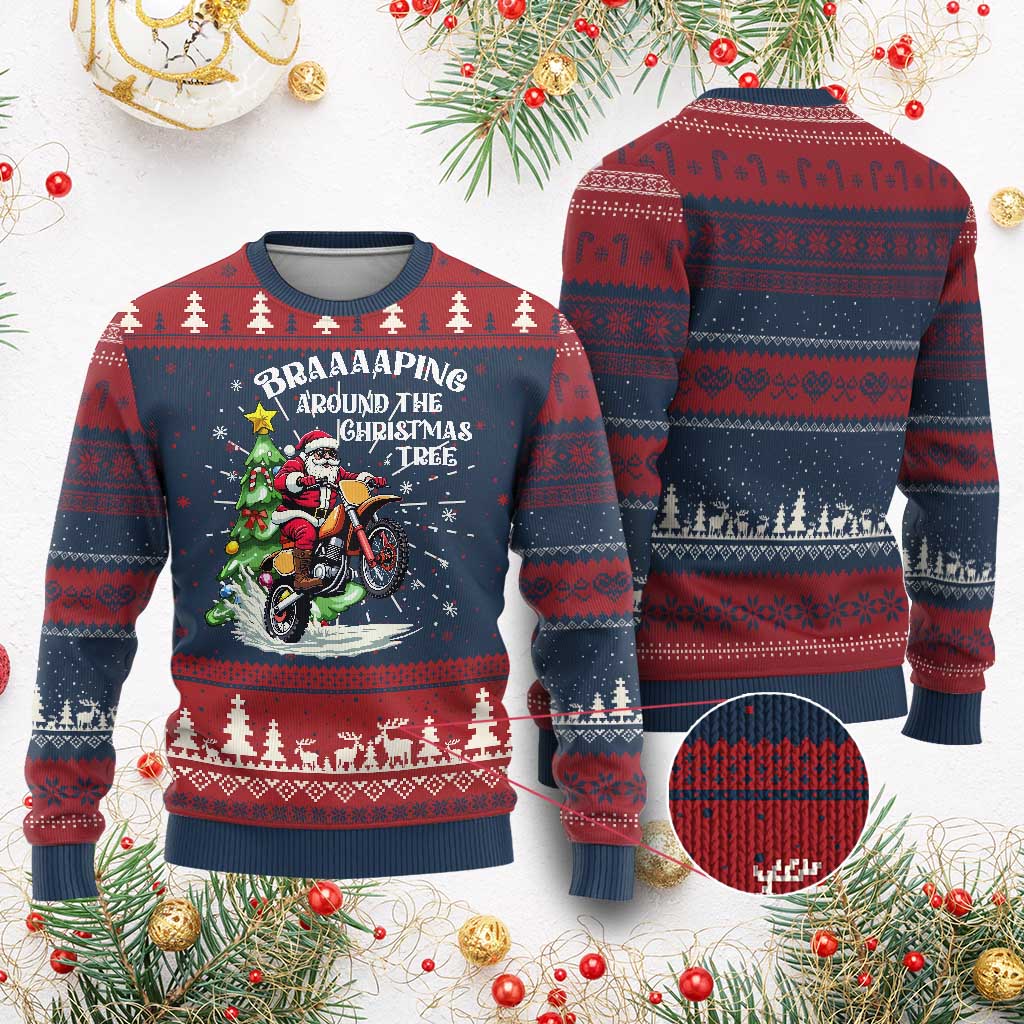 Funny Christmas Biker Ugly Christmas Sweater Braaaaping Around The Christmas Tree Dirt Bike Santa - Wonder Print Shop