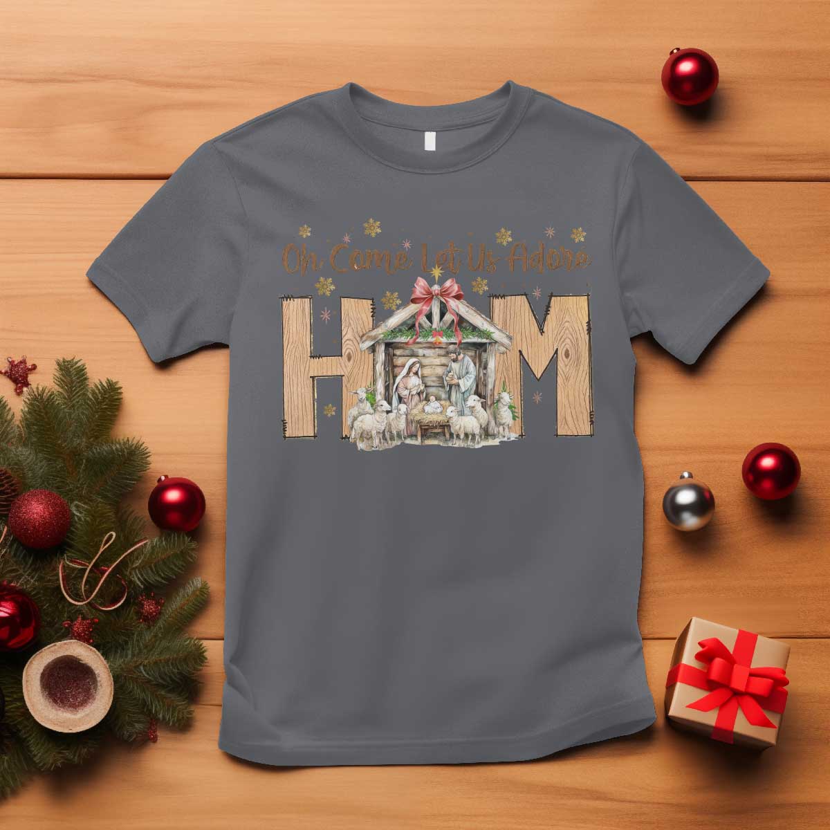 Oh Come Let Us Adore Him T Shirt Christian Christmas Nativity Scene - Wonder Print Shop