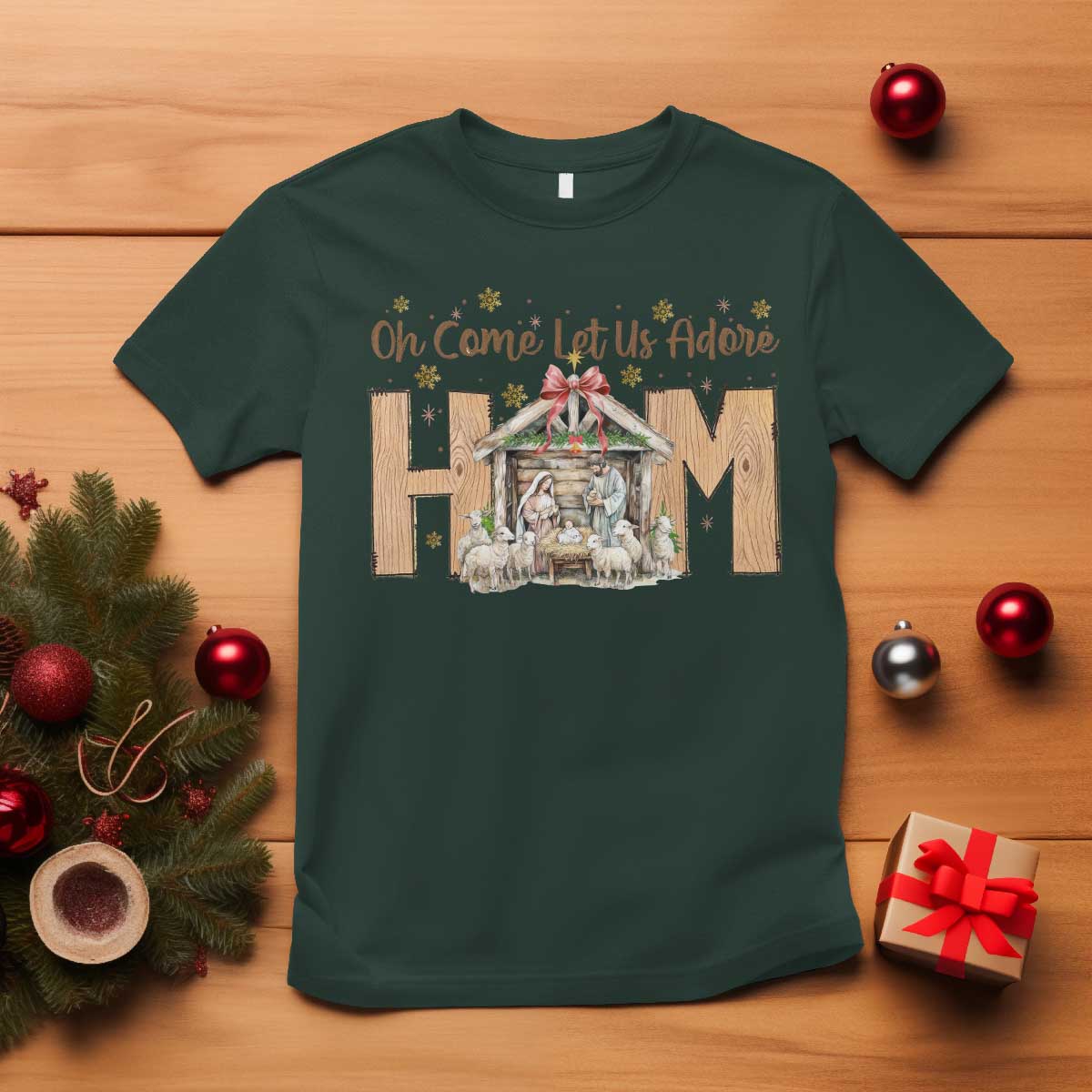 Oh Come Let Us Adore Him T Shirt Christian Christmas Nativity Scene - Wonder Print Shop