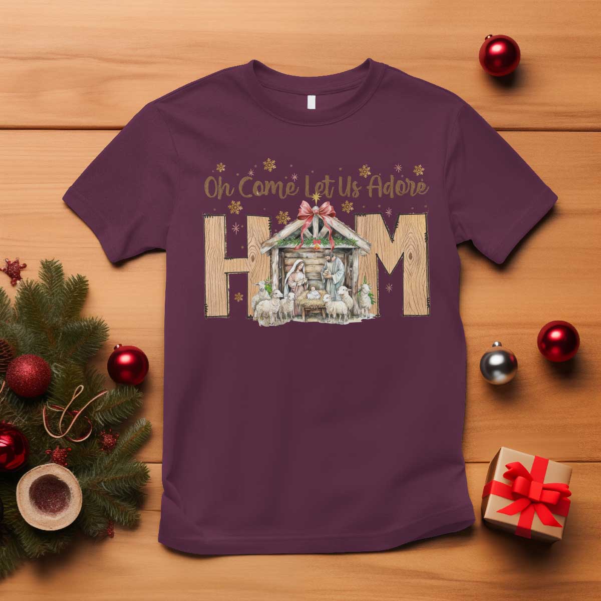 Oh Come Let Us Adore Him T Shirt Christian Christmas Nativity Scene - Wonder Print Shop