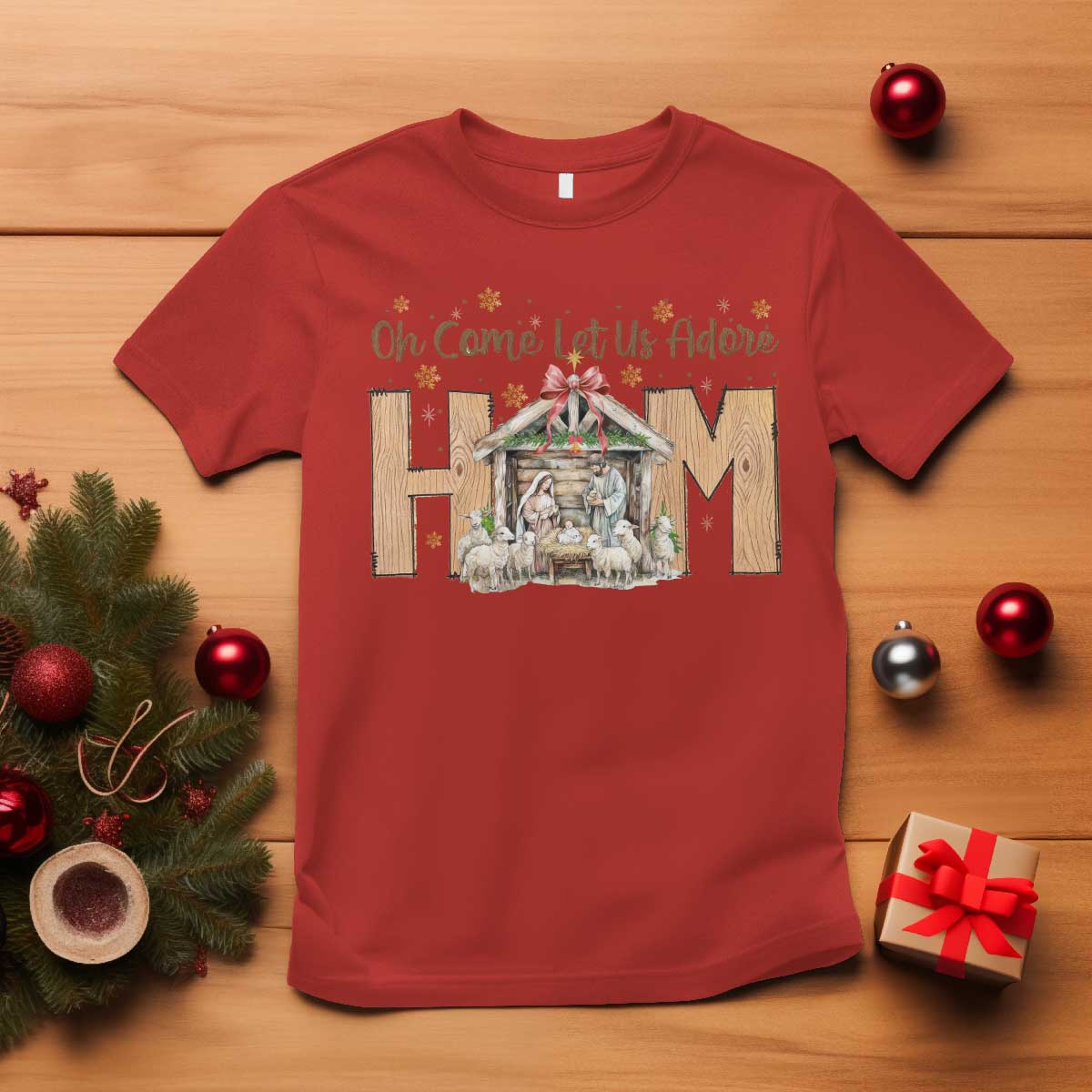 Oh Come Let Us Adore Him T Shirt Christian Christmas Nativity Scene - Wonder Print Shop