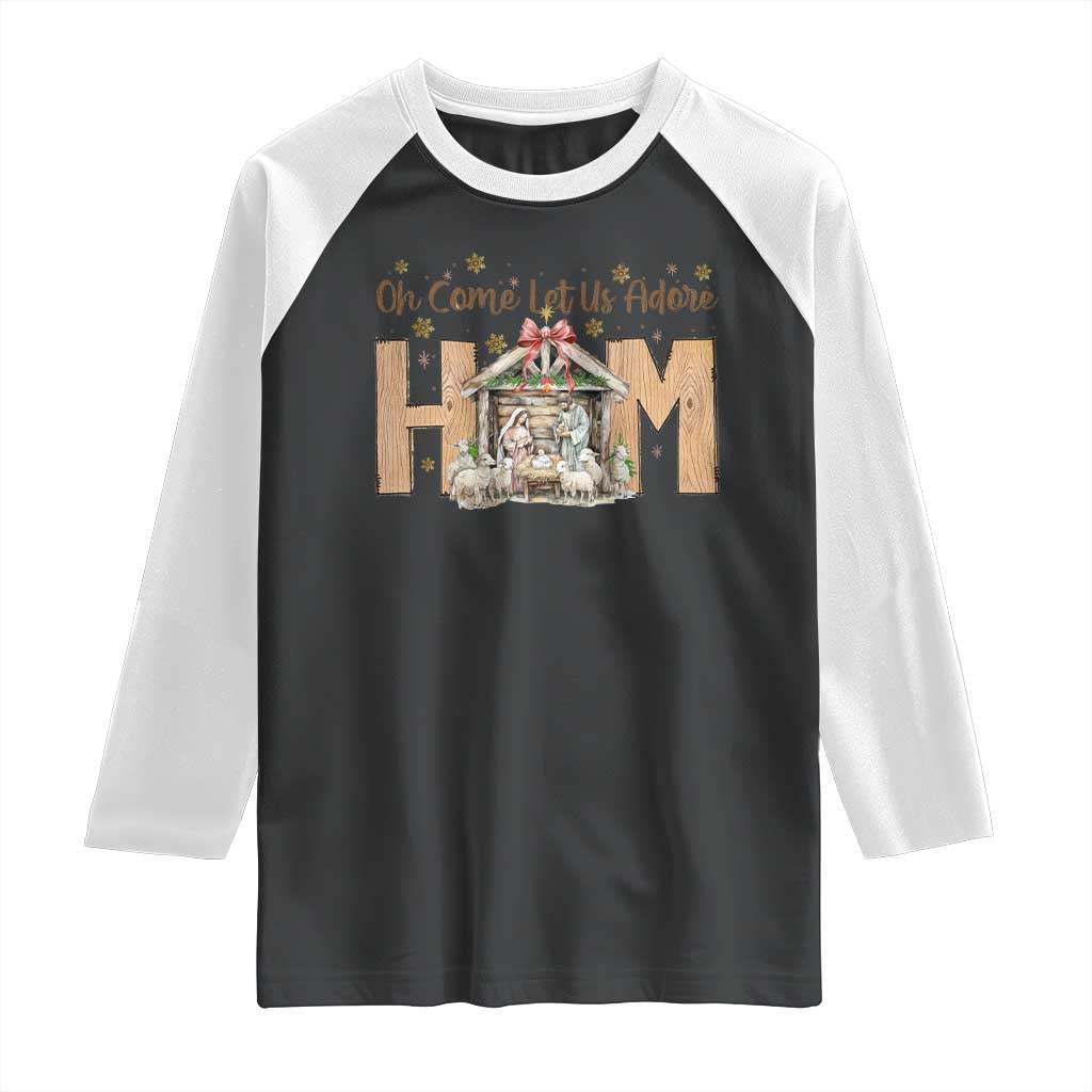 Oh Come Let Us Adore Him Raglan Shirt Christian Christmas Nativity Scene - Wonder Print Shop