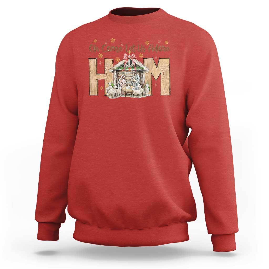 Oh Come Let Us Adore Him Sweatshirt Christian Christmas Nativity Scene - Wonder Print Shop