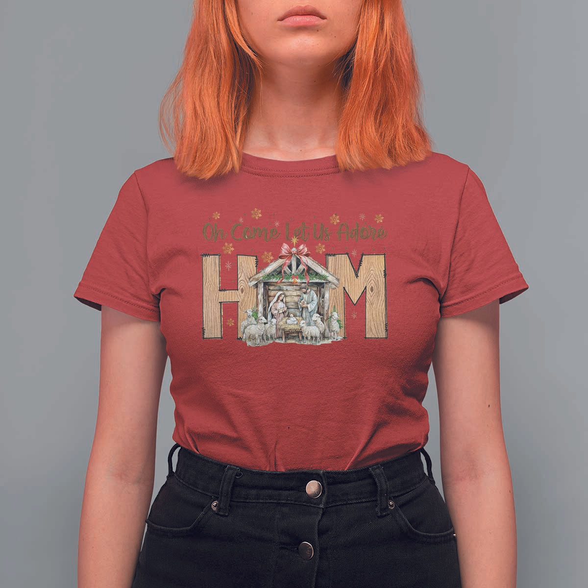 Oh Come Let Us Adore Him T Shirt For Women Christian Christmas Nativity Scene - Wonder Print Shop